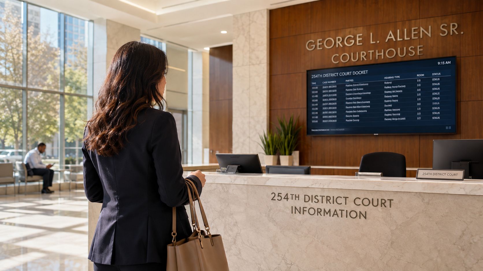 A woman stands at the marble information desk in the George L. Allen Sr. Courthouse lobby area.