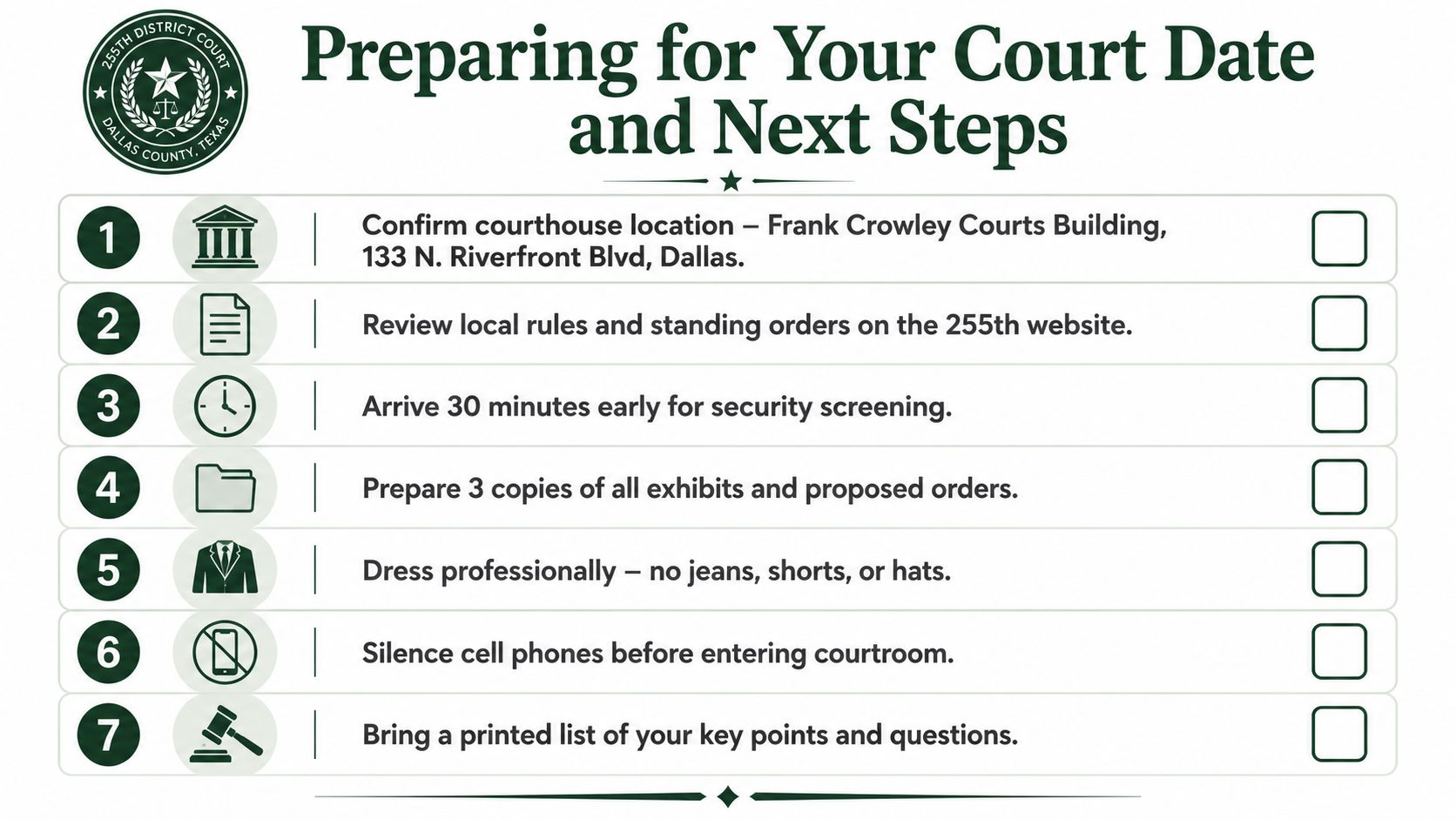 A checklist infographic from the 255th District Court in Dallas County for preparing for a court date.