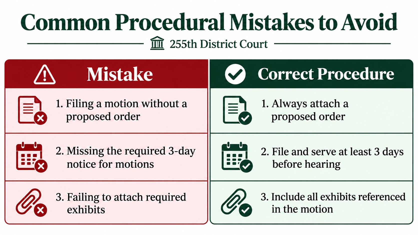 A procedural guide for the 255th District Court listing common filing mistakes and the correct legal procedures.