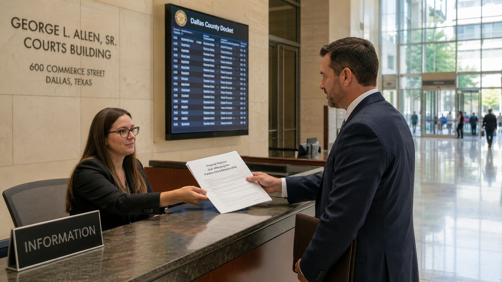 A man in a suit hands legal documents to a clerk at the Dallas County courthouse information desk.