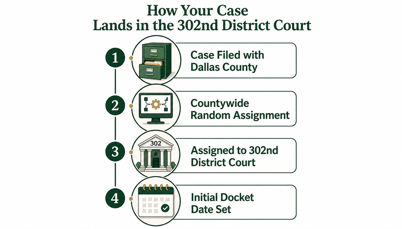 A flowchart showing the four-step process for filing a case in the Dallas County 302nd District Court.