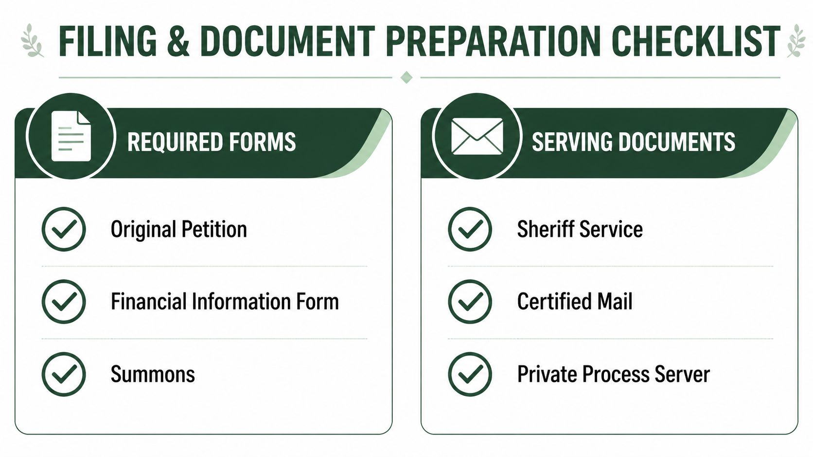 A checklist of required court documents and service methods for legal filing and preparation procedures.
