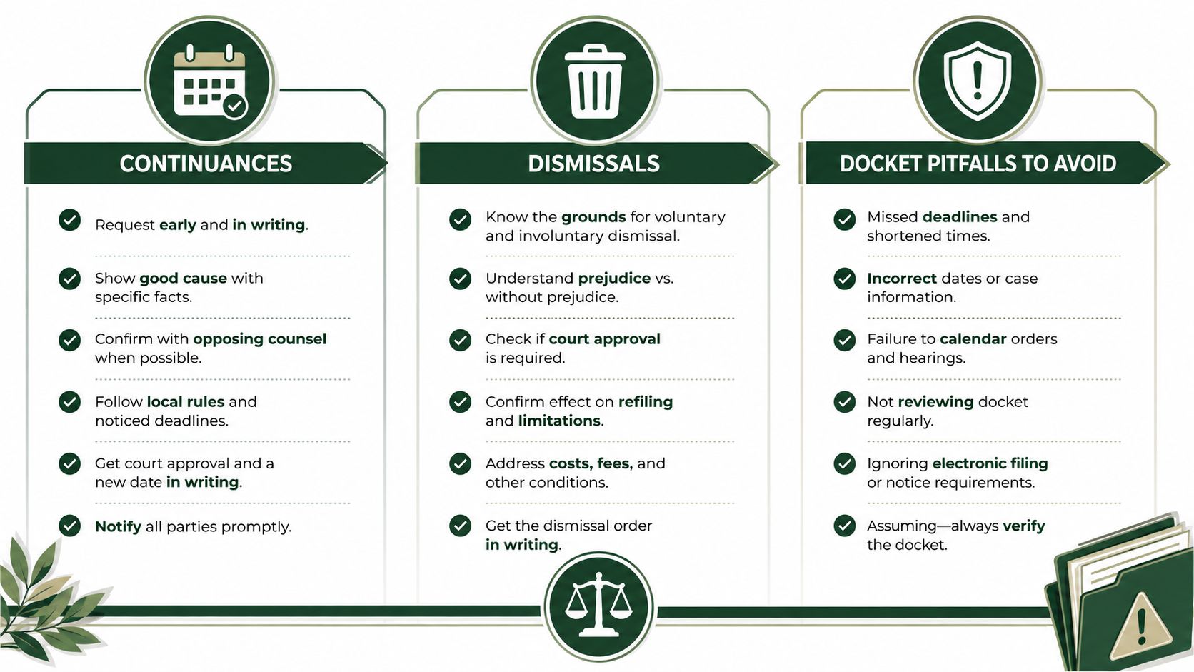 An infographic detailing best practices for continuances, dismissals, and avoiding common docket pitfalls in legal proceedings.