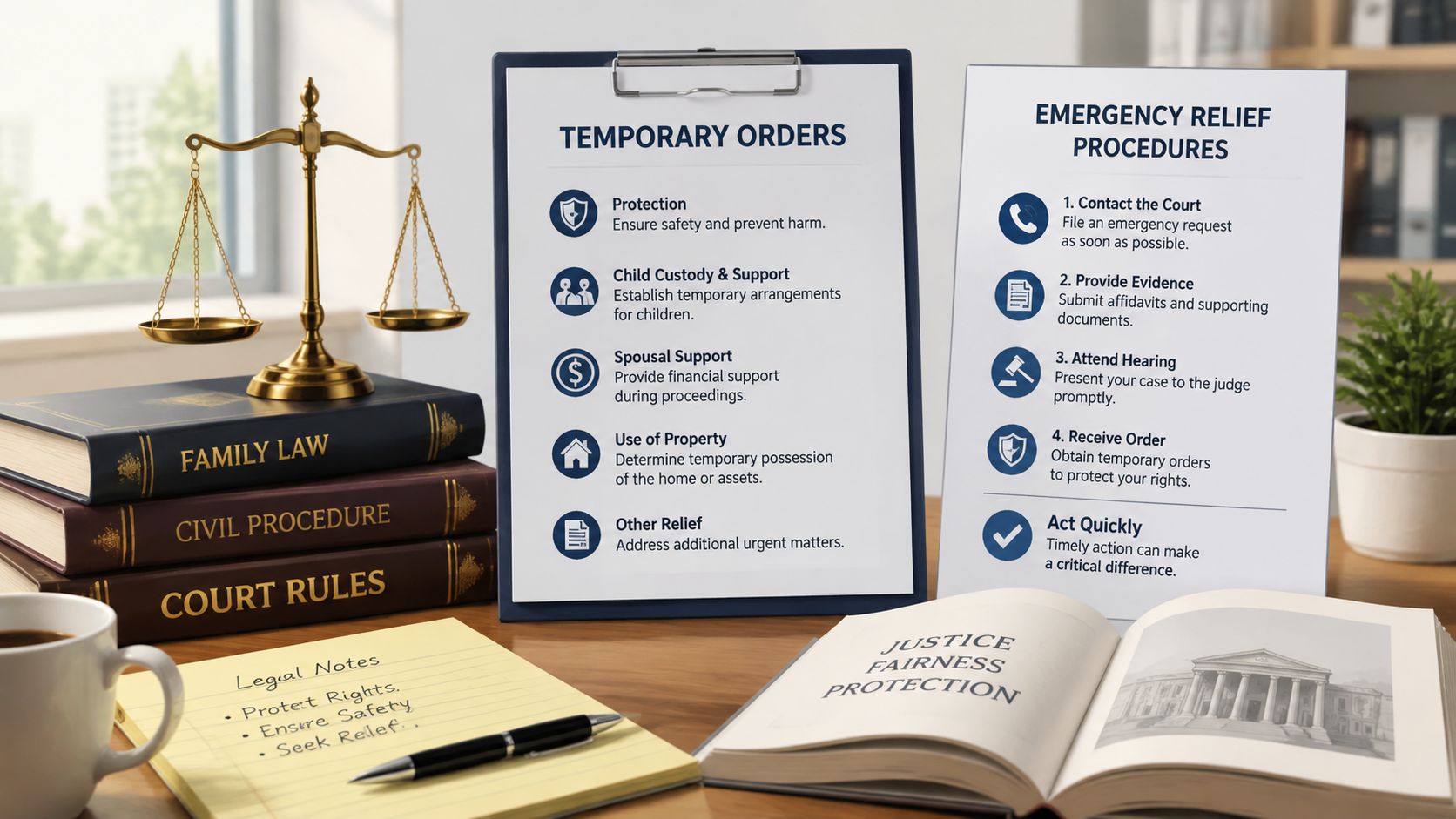 A legal workspace featuring a balance scale, law books, and informational documents about family court procedures.