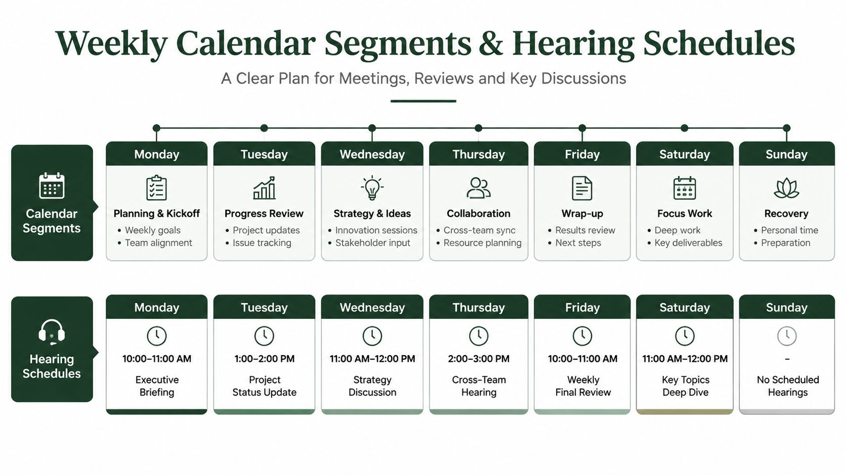 A weekly calendar showing schedule segments for tasks and hearing times for each day of the week.