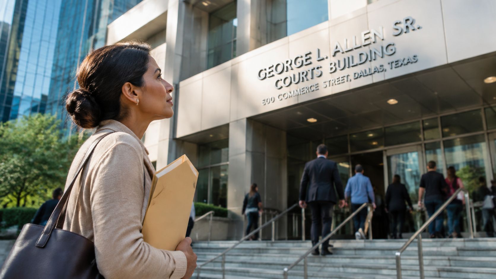 A professional woman holding a folder stands outside the George L. Allen Sr. Courts Building in Dallas.