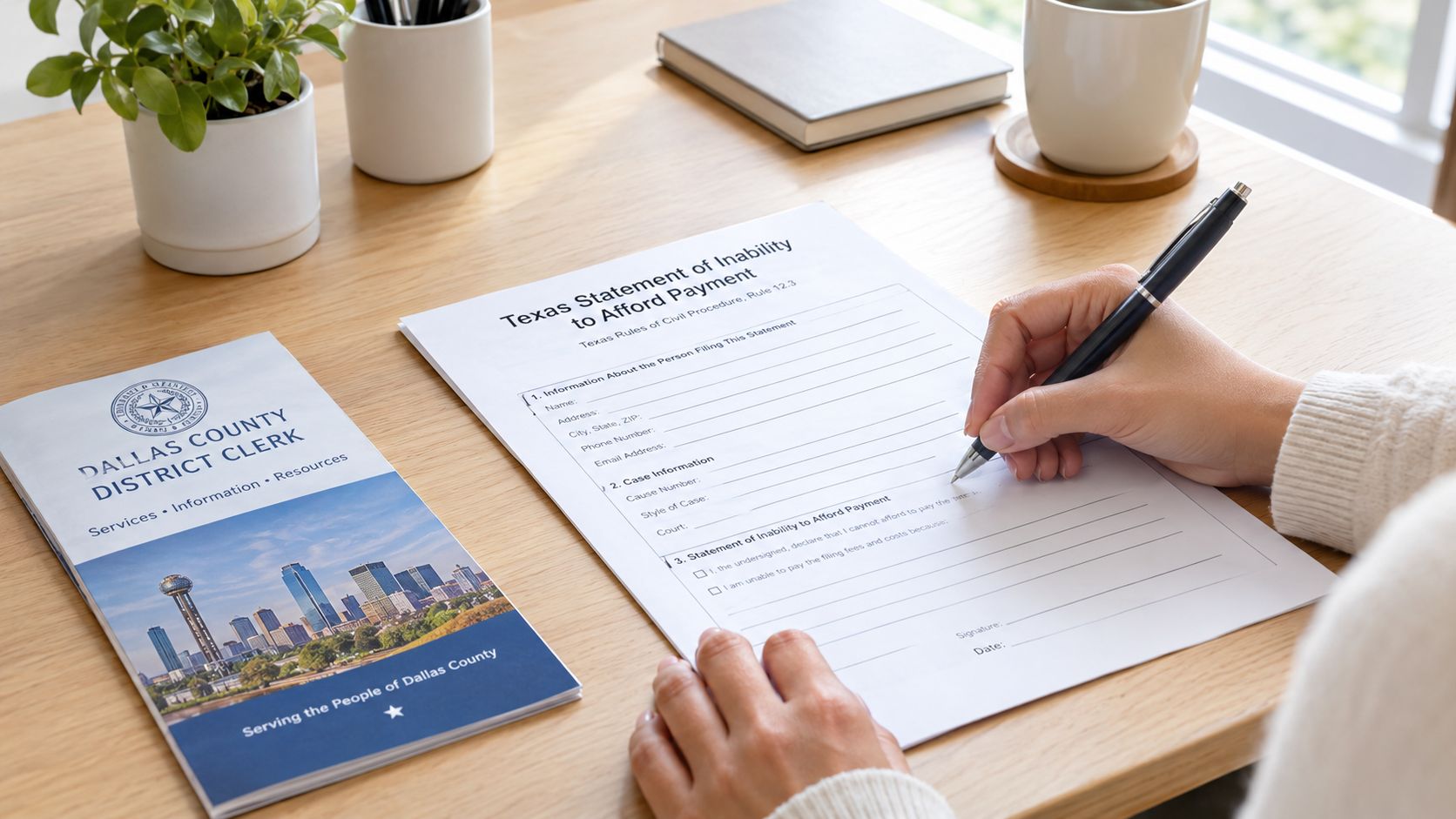 A person filling out a Texas Statement of Inability to Afford Payment form at a wooden desk.