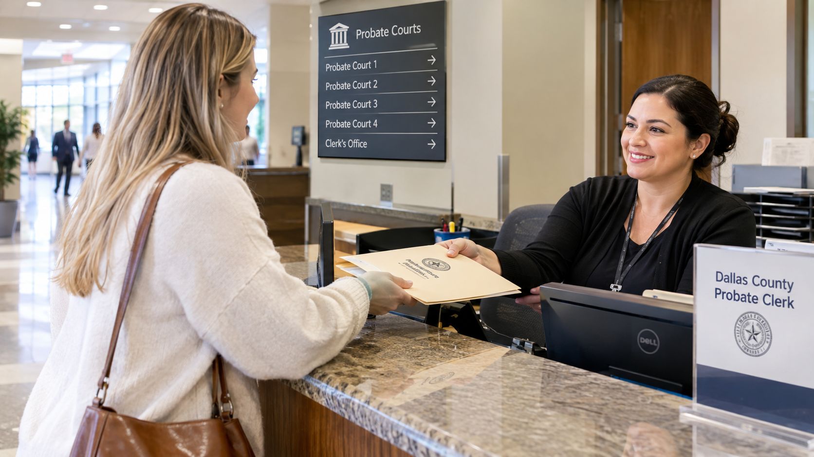 A smiling clerk at the Dallas County Probate Court helps a visitor with official legal document paperwork.