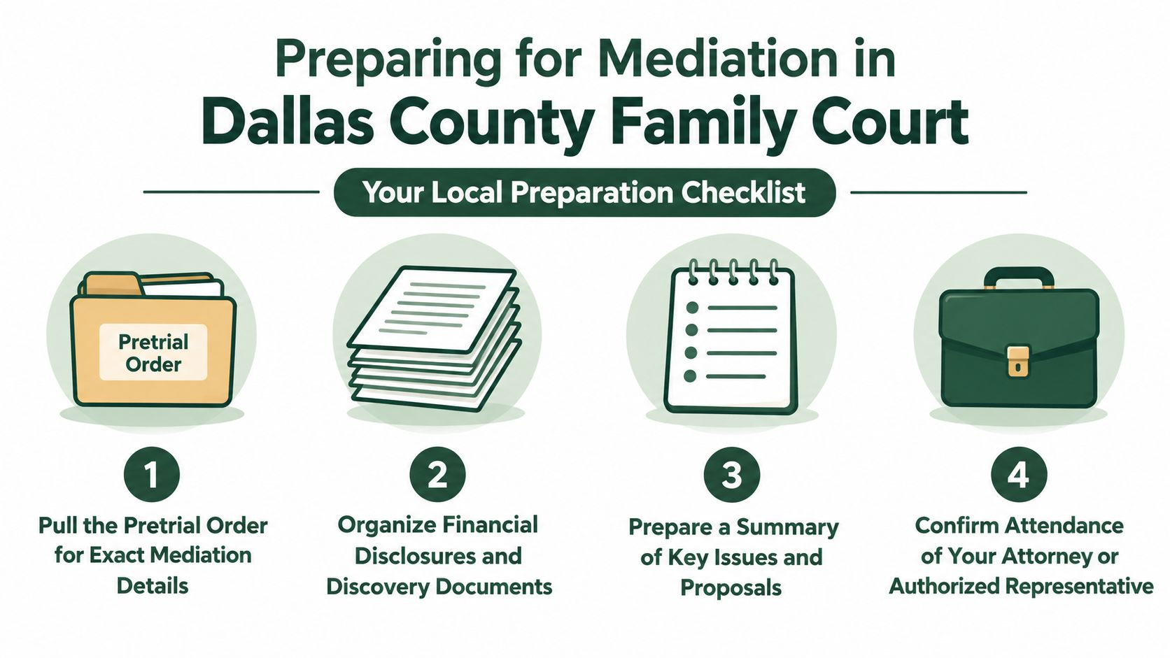 A four-step checklist for preparing for mediation in Dallas County Family Court, illustrated with simple icons.