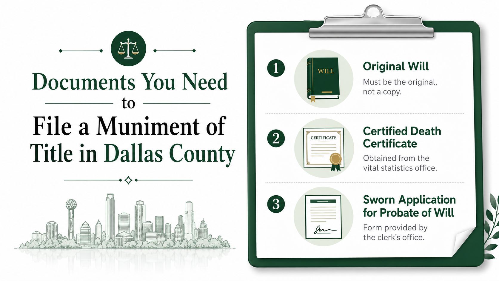 A checklist showing three required legal documents for filing a Muniment of Title in Dallas County.