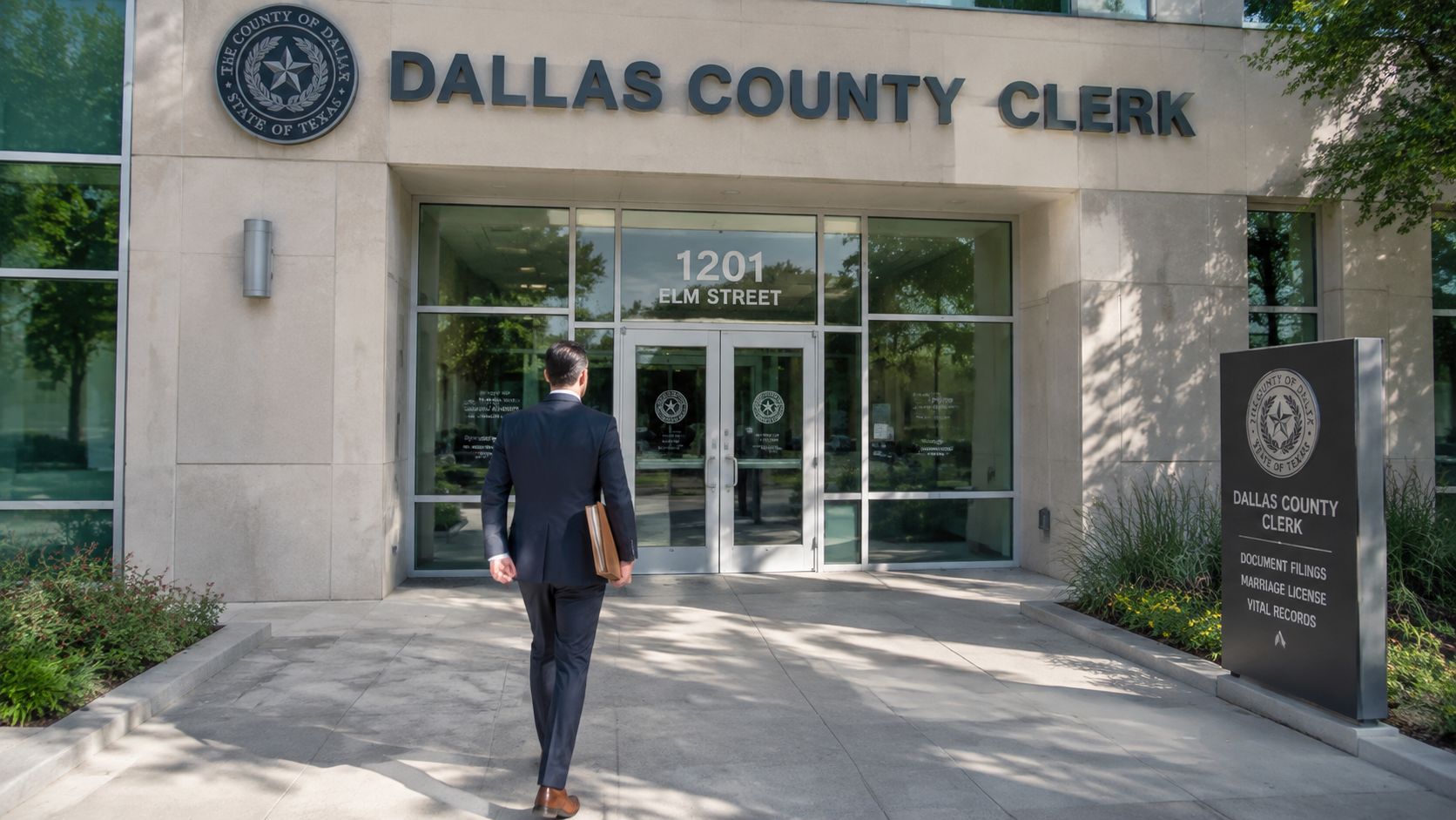 A professional man in a business suit walking towards the Dallas County Clerk office entrance.