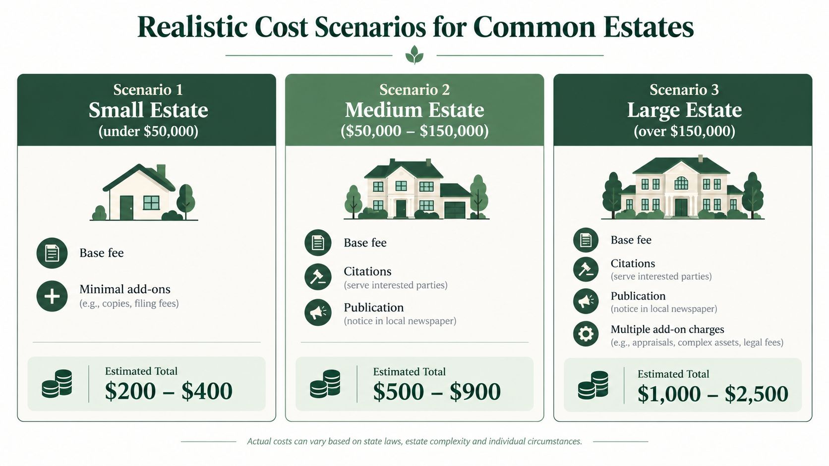 A chart comparing estimated probate cost scenarios for small, medium, and large estates in a legal context.