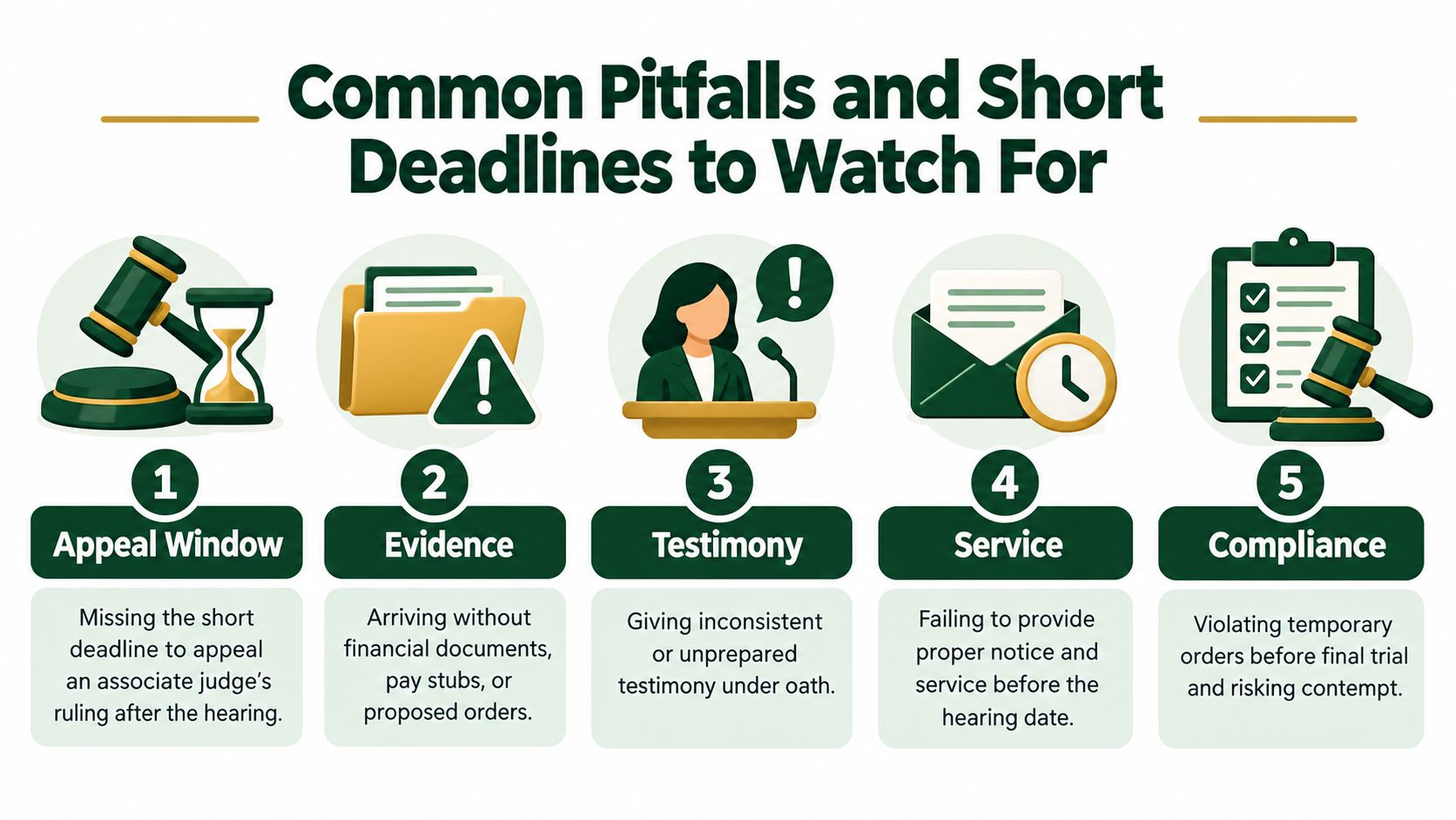 An infographic titled Common Pitfalls and Short Deadlines to Watch For in legal court proceedings.
